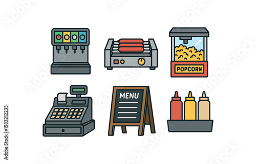Movie theater snacks and equipment icons: soda, hot dogs, popcorn, cash register, menu, condiments