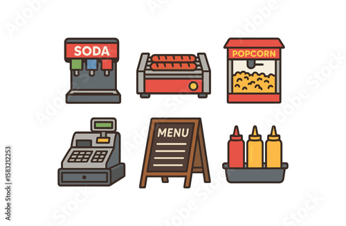Fast food icons: soda, hot dogs, popcorn, cash register, menu, condiments