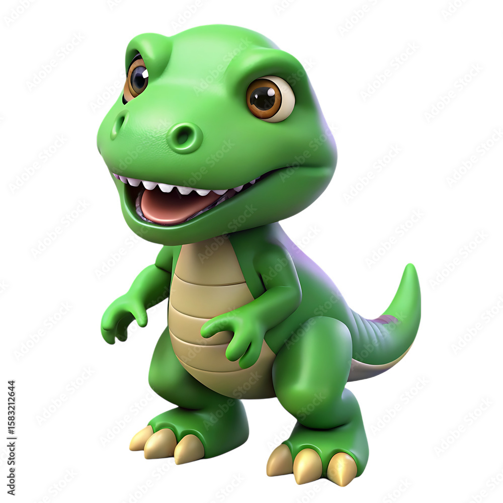Fototapeta premium Adorable Green Baby T-Rex Dinosaur Cartoon Character 3D Render for Kids' Illustrations