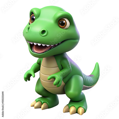 Adorable Green Baby T-Rex Dinosaur Cartoon Character 3D Render for Kids' Illustrations
