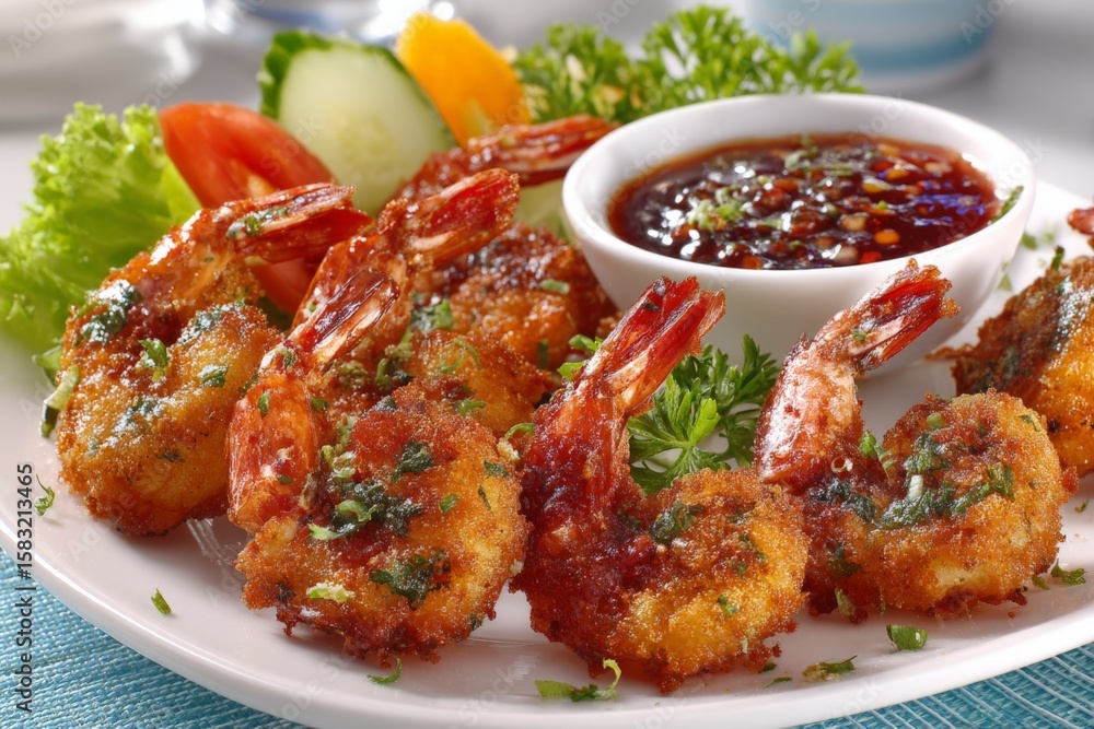 Delicious fried shrimp served with tangy dipping sauce and fresh vegetables for a satisfying meal experience Delicious fried shrimp served with tangy dipping sauce and fresh vegetables for a satisfying meal experience