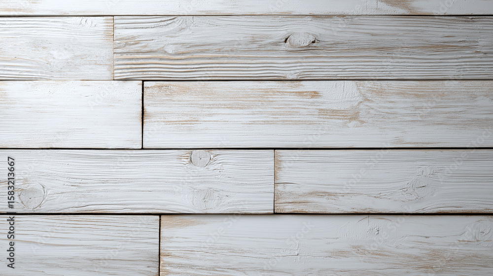Fototapeta premium White wooden plank wall with textured grain and knots, creating rustic and natural background with soft lighting and subtle shadows for calm and cozy atmosphere
