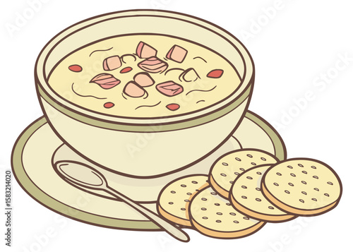 Bowl of creamy soup with crackers on the side