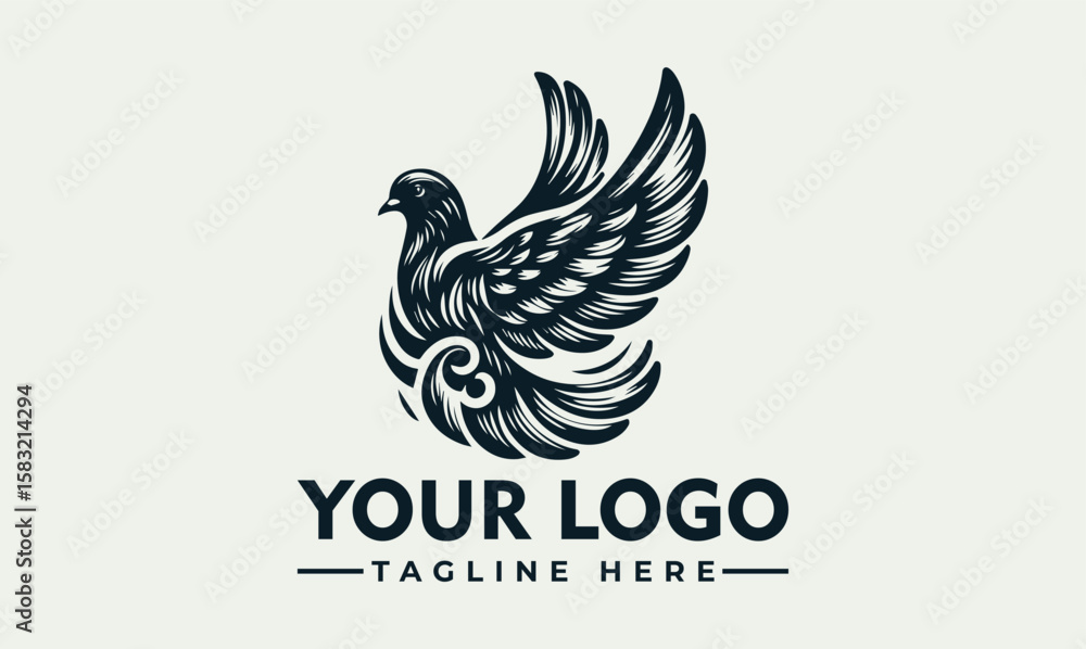 Obraz premium Elegant dove illustration with spread wings, stylized feathers, and decorative swirls.