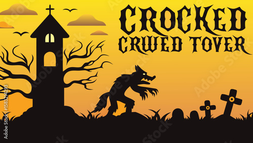 Silhouette of crooked tower and werewolf with graveyard against a yellow orange sky background design