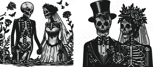  Monochrome lined photocopy effect engraving bundle Skeleton wedding art vintage style design