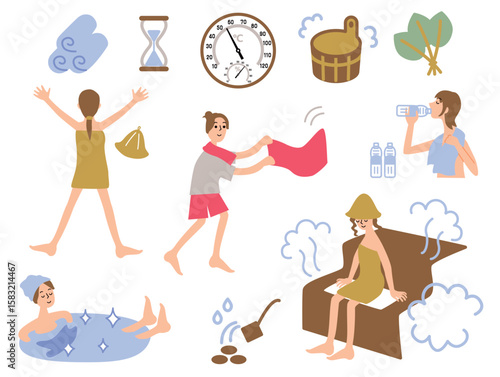 サウナ関連グッズと女性イラストセット_顔入り