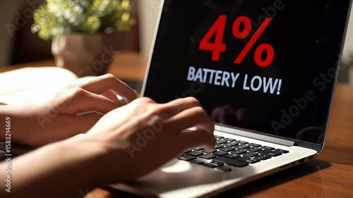 Close Up of Laptop Screen Displaying Four Percent Battery Life with Hands Typing on the Keyboard on Wooden Desk with Indoor Ambient Lighting