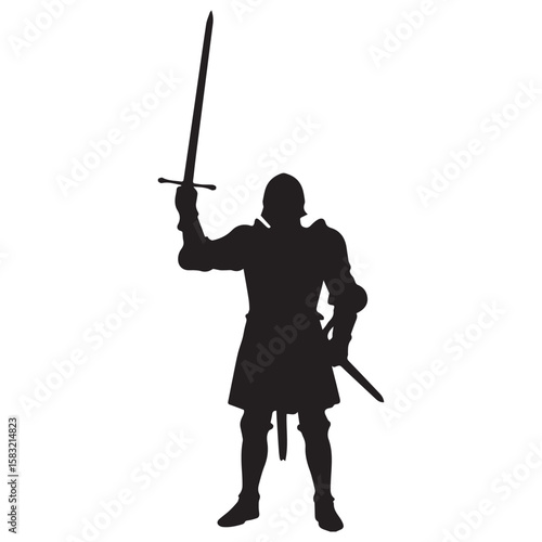 Silhouette of a medieval knight in full armor holding a sword aloft in victory against a white background