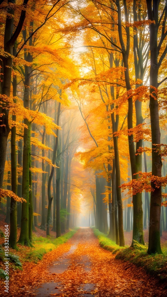 Fototapeta premium A sunlit path through an autumn forest with vibrant orange and yellow leaves