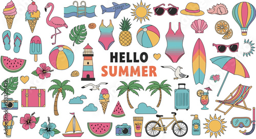 Summer vacation themed flat lay features colorful beach and holiday elements
