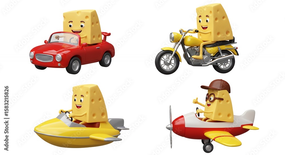 Fototapeta premium Cheese character toys in vehicles playful illustration