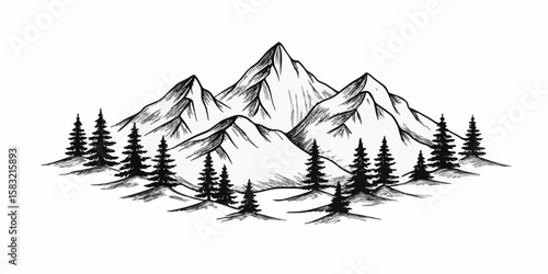 Majestic Mountain Range with Pine Forest Illustration