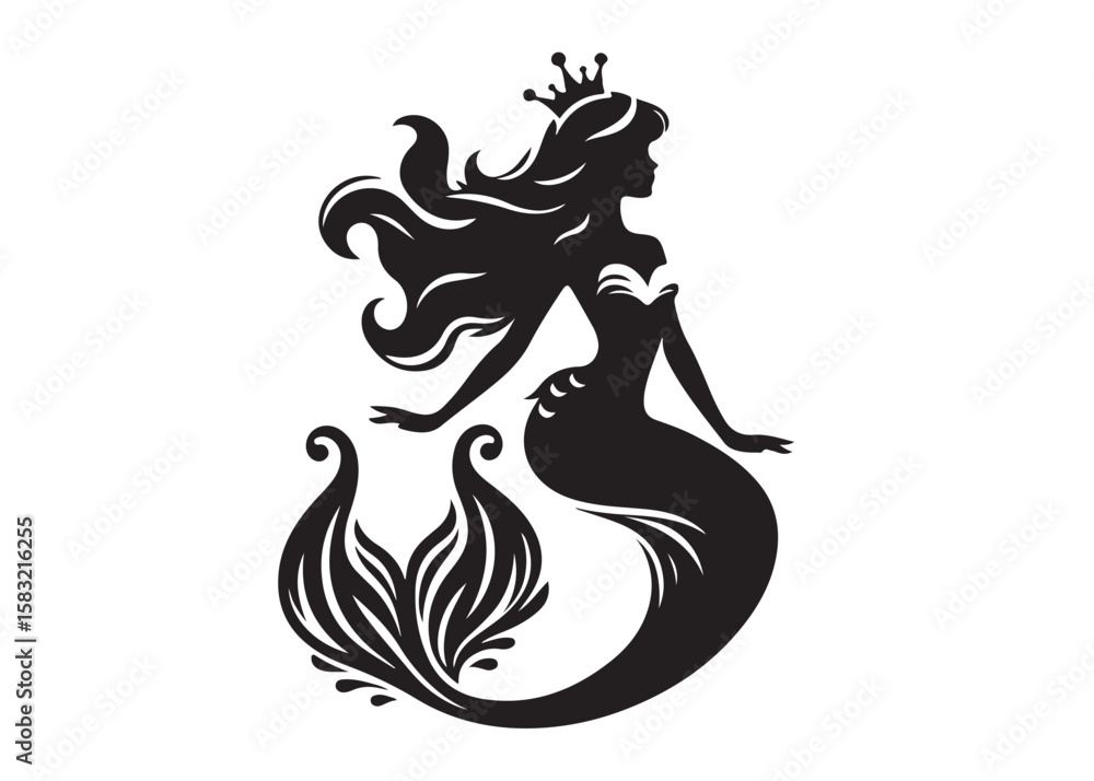 Obraz premium mermaid logo silhouette vector, simple black silhouette mermaids, mermaid watercolor vector silhouette illustration, beautiful mermaid logo silhouettes vector on a white background