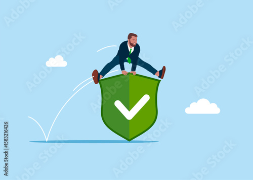 Businessman jumping over on shield. Worker employee overcome barrier solve trouble. Antivirus, defense concept. Insurance coverage. Flat vector illustration