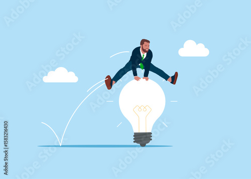 Businessman jumping over on light bulb. Worker employee overcome barrier solve trouble. Business vision. Creativity to help see business opportunity, vision to discover new solution or idea, searching