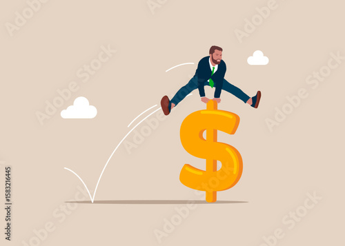 Businessman jumping over on sign dollar. Worker employee overcome barrier solve trouble. Dollar price soaring sky high hit new high record concept. Challenge concept. Vector illustration.