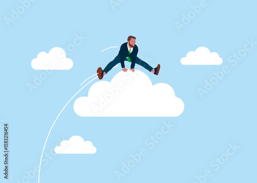 Motivated businessman jumping over on cloud. Worker employee overcome barrier solve trouble. Flat vector illustration