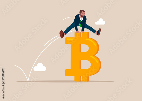 Businessman jumping over on sign Bitcoin. Worker employee overcome barrier solve trouble. Bitcoin price soaring sky high hit new high record concept. Challenge concept. Vector illustration.
