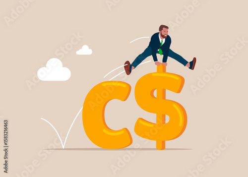 Businessman jumping over on sign Canadian Dollar. Worker employee overcome barrier solve trouble. Canadian Dollar price soaring sky high hit new high record concept. Challenge concept. Vector.