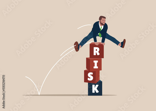 Businessman jumping over cubic on stack with the word RISK. Worker employee overcome barrier solve trouble. Risk management, control or assess to lose money in investing. Flat vector illustration