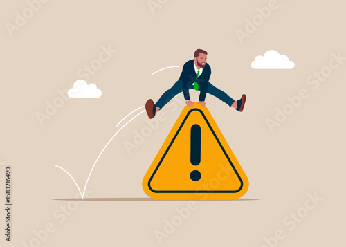 Businessman jumping over on exclamation attention sign. Worker employee overcome barrier solve trouble.Incident management, root cause analysis or solving problem, identify risk or critical failure