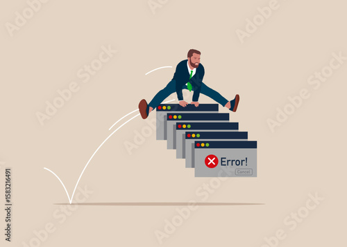 Businessman jumping over on Error message computer window alert popup logo design. Worker employee overcome barrier solve trouble. Simple Browser window. Error page template. Error file not found