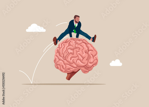 Businessman jumping over on human Brain. Worker employee overcome barrier solve trouble. Brainstorming. Flat vector illustration
