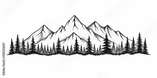 Panoramic Mountain Range with Dense Evergreen Forest