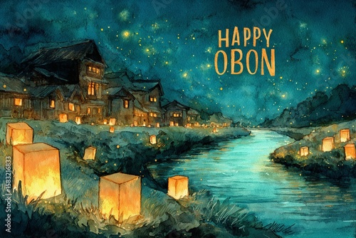 Glowing lanterns floating along a river under a starry night sky beside traditional Japanese houses with the text Happy Obon, capturing the spirit of the Obon festival