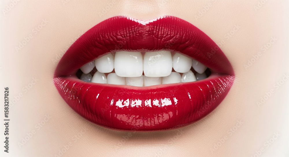 Obraz premium Close-up of red lips with glossy lipstick and bright white teeth, showcasing beauty and cosmetic product advertisement potentialFree space for text or logo