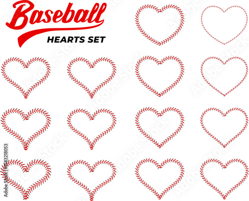Abstract Heart frame set made from red baseball stitch details. Vector illustration on white