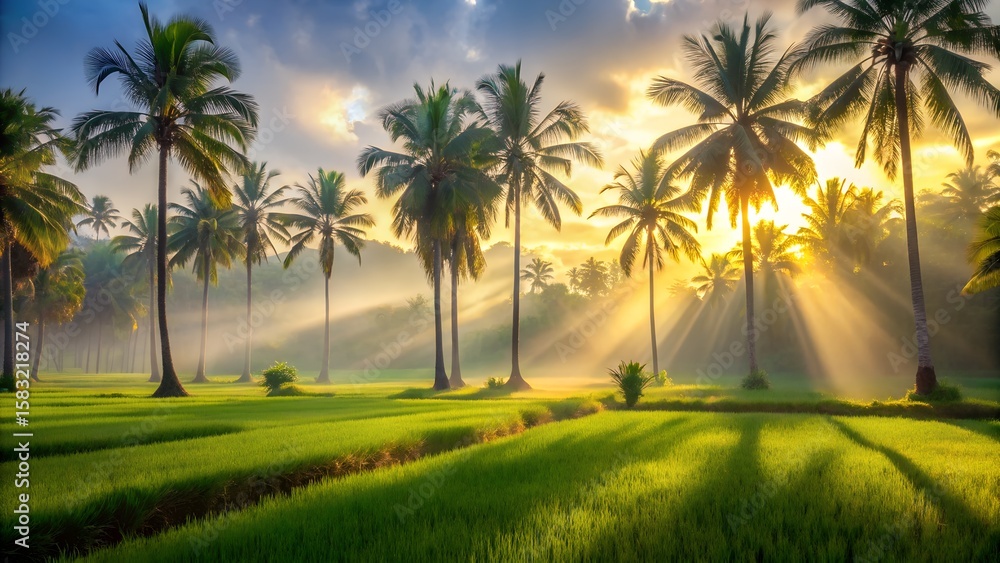 Golden sunrise illuminates a tropical palm tree plantation with misty rays Golden sunrise illuminates a tropical palm tree plantation with misty rays