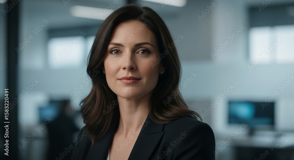 Naklejka premium Close-up portrait of a woman with brown hair, wearing a black blazer, in a modern office setting, projecting confidence and professionalism