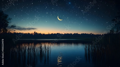 The tranquil lake surface under the reflection of the new moon