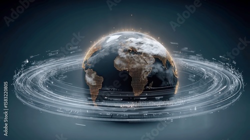 Fototapeta Naklejka Na Ścianę i Meble -  Holographic Earth in Server Hub, a dynamic 3D representation of the planet surrounded by global streaming icons in a visually striking banner layout