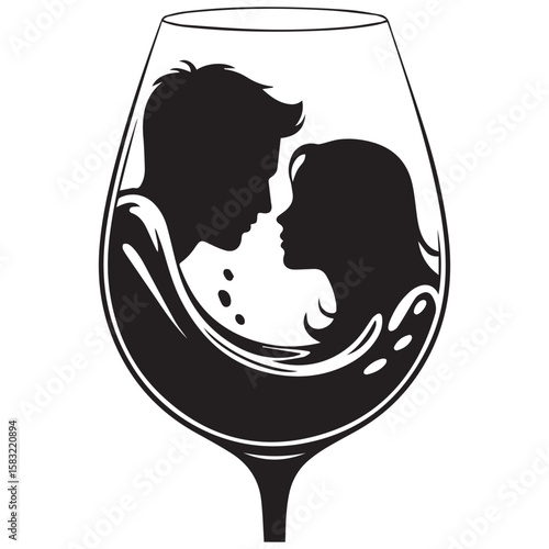 Romantic couple silhouettes gazing lovingly inside a wine glass with swirling liquid