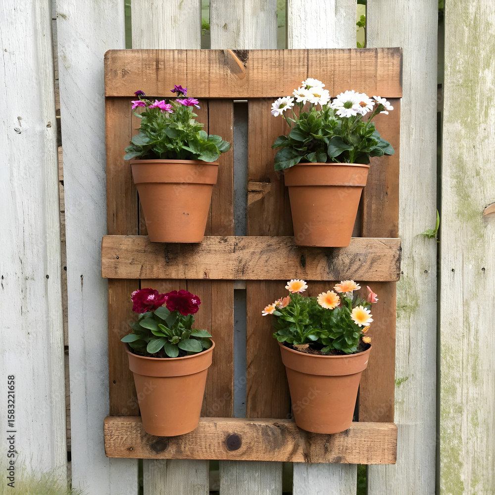 Naklejka premium Beautifully crafted wall décor featuring flower pots in a rustic wooden frame.