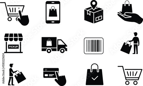 Black Shopping Icons Set Illustrating Online Ordering and Delivery
