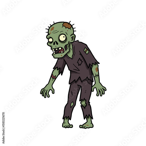 Cartoon zombie character with tattered clothing and green skin  