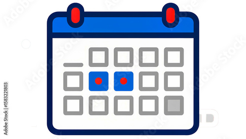 A flat design graphic illustration of a blue calendar with white pages. The calendar grid has two days highlighted with blue squares and marked with red dots, symbolizing important events or scheduled