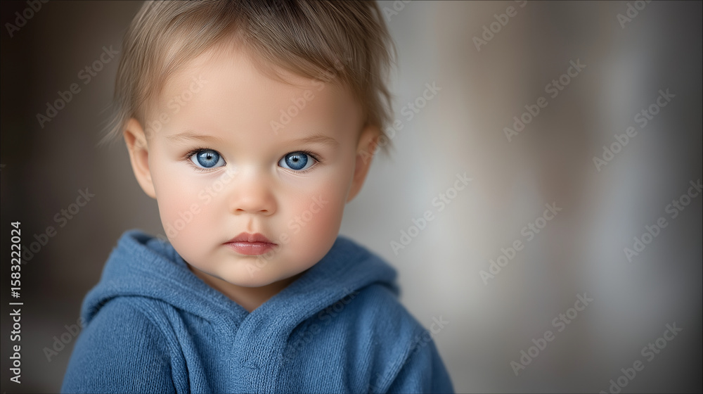 Serious baby portrait illuminated by soft light