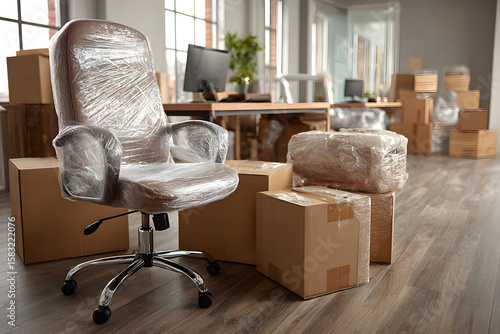 Interior of office with desk, boxes and wrapped chairs in stretch film on moving day
