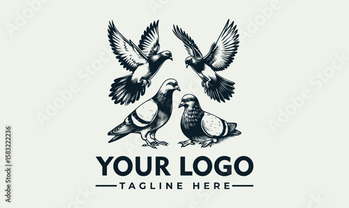 Vintage graphic design logo featuring three pigeons in flight and one standing, showcasing detailed line art.
