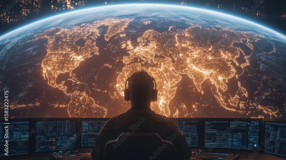 Obraz premium Person watches glowing world map from control room with many screens. Concept: Awareness cybersecurity, global network security