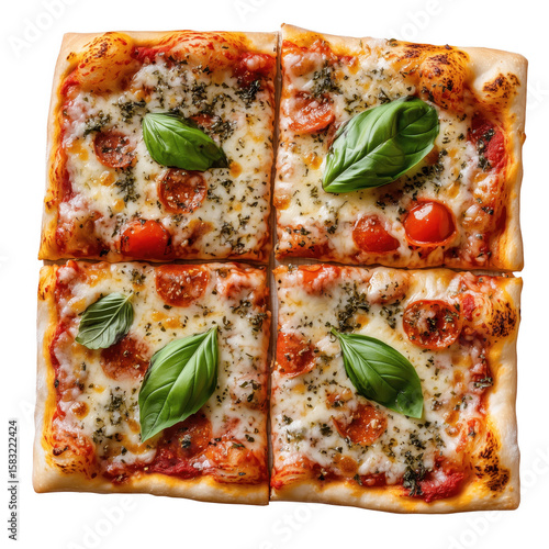 Delicious square cut pizza slices with pepperoni cheese and fresh basil on a transparent background
