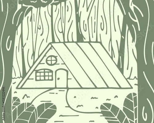Cabin In The Woods Lineart Illustration