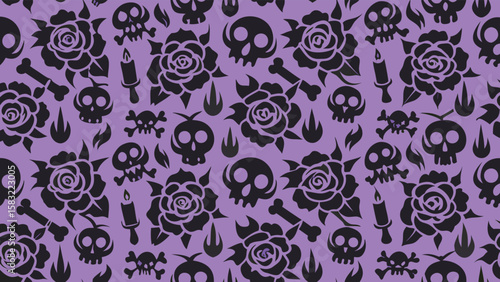 Seamless pattern with skulls roses candles and bones on a light purple background design element