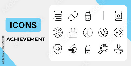 Collection of Medical and Scientific Icons Representing Research Health and Scientific Achievement with Symbolic Visuals