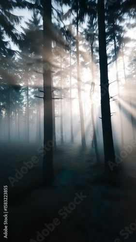 Misty pine forest at dawn with soft sun rays breaking through the fog